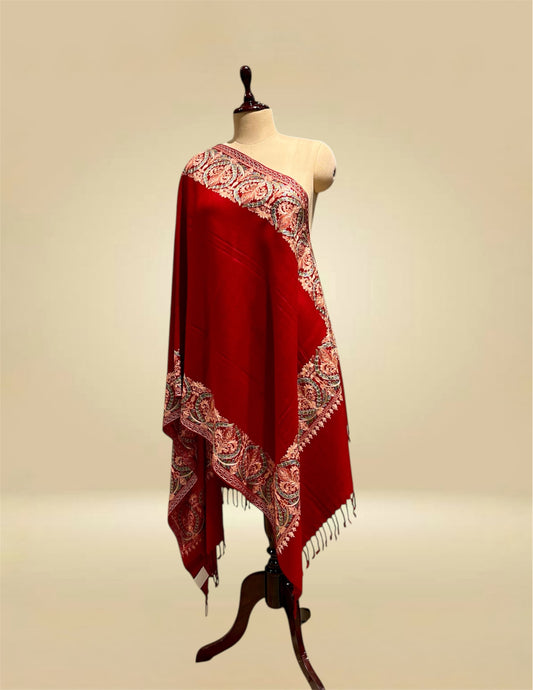 RED WOOLLEN SHAWL WITH KASHMIRI RESHAM EMBROIDERED BORDER