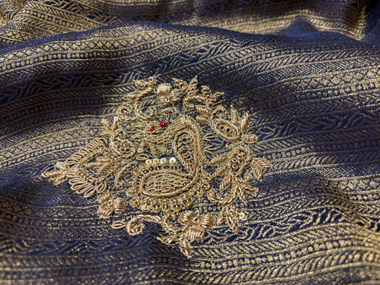 NAVY BLUE MYSORE GEORGETTE JACQUARD TISSUE SAREE WITH ZARDOZI EMBROIDERY