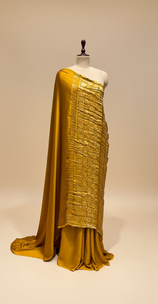 MUSTARD COLOUR MODAL SILK SATIN SAREE WITH BANARASI PALLA