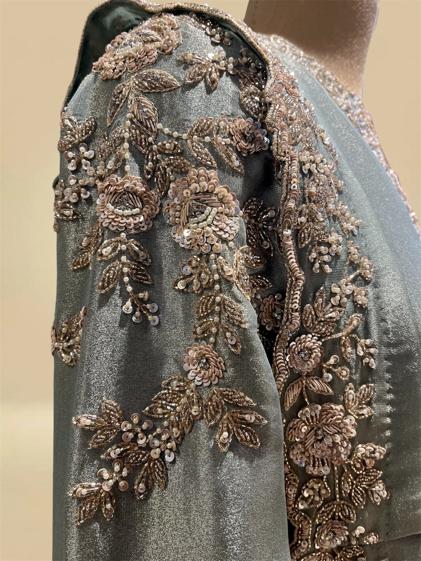 STEEL BLUE PURE TISSUE SHORT KURTI WITH PLEATED PALAZZO PANTS AND DUPATTA EMBELLISHED WITH BEADS & SEQUINS WORK (DELIVERY IN 20 DAYS)