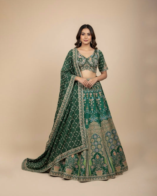 EMERALD GREEN CREPE SILK PICHWAI LEHENGA WITH AARI, DORI, MIRROR & SEQUINS WORK HIGHLIGHTS (DELIVERY IN 30 DAYS)