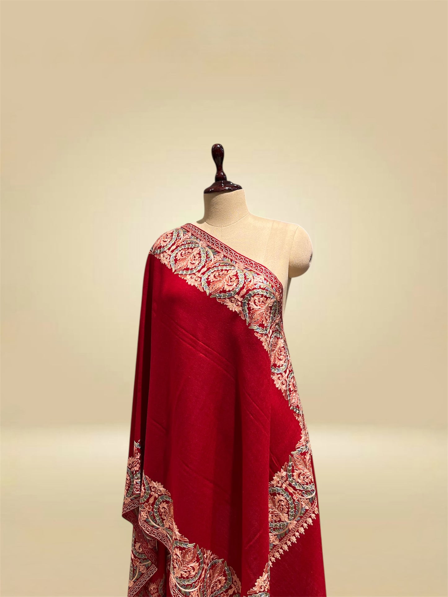 RED WOOLLEN SHAWL WITH KASHMIRI RESHAM EMBROIDERED BORDER