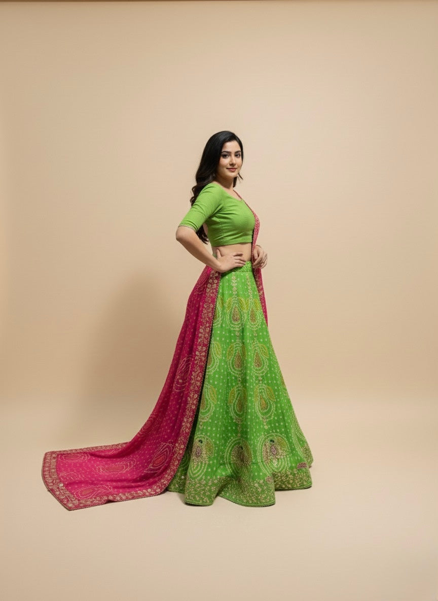 PARROT GREEN AND RANI PINK PURE GEORGETTE OJARIYA LEHENGA WITH GOTA PATTI WORK