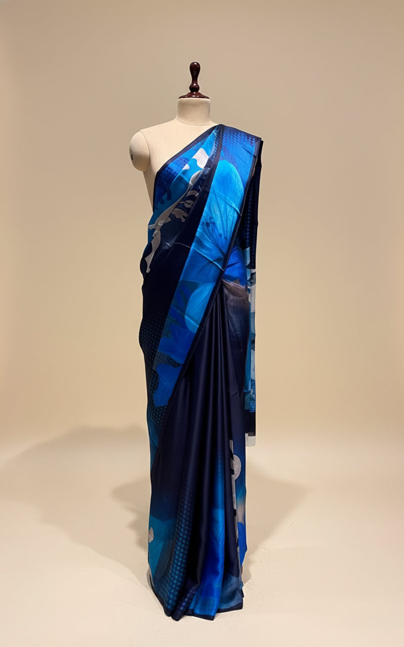 BLUE PURE SATIN PRINTED SAREE