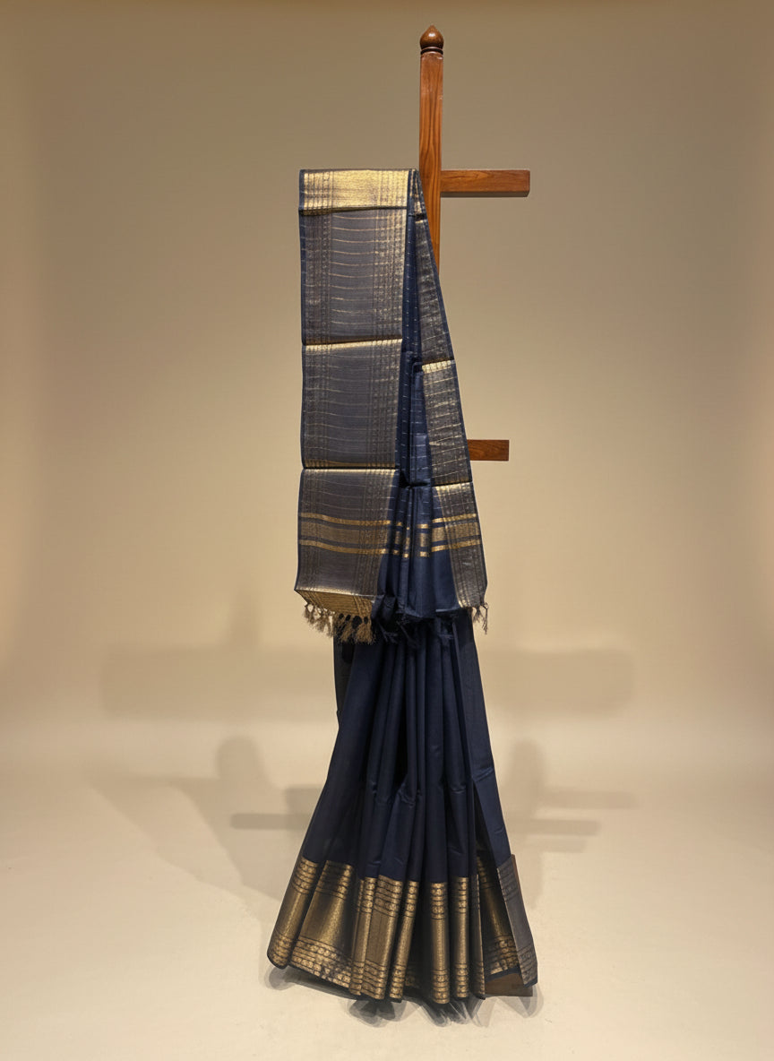 DENIM BLUE MAHESHWARI SAREE EMBELLISHED WITH ZARI WEAVES (DELIVERY IN 20 DAYS)