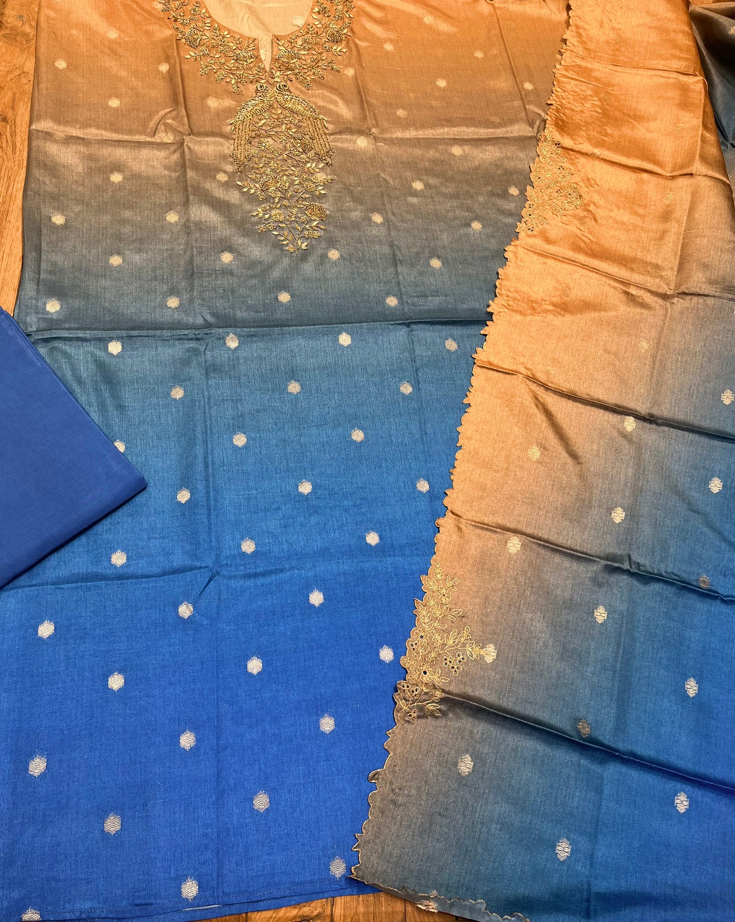 SILK SHADED UNSTITCHED SUIT SET EMBELLISHED WITH ZARDOZI WORK (DELIVERY IN 20 DAYS)