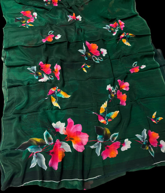 BOTTLE GREEN CHINON PRINTED SAREE PAIRED WITH A PLAIN CREPE BLOUSE (DELIVERY IN 20 DAYS)