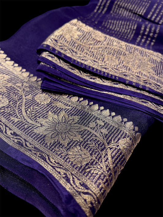 PURPLE PLAIN CHINON SAREE WITH GOLDEN ZARI WOVEN BORDER AND CREPE BLOUSE (DELIVERY IN 20 DAYS)