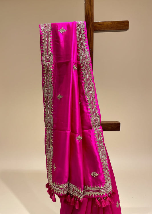 FUCHSIA PINK PURE SILK SAREE EMBELLISHED WITH GOTA PATTI WORK - Kothari Sons