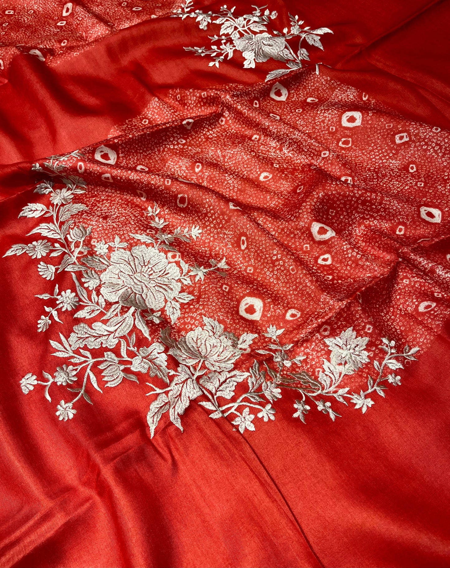 TERRACOTTA RED COLOUR PURE TUSSAR SILK SAREE WITH PARSI EMBROIDERY