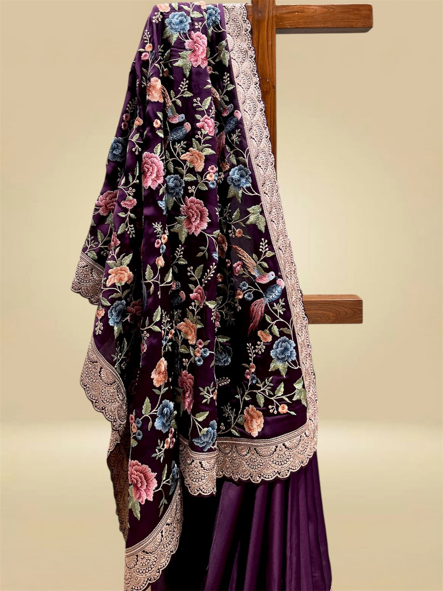 RAISIN PURPLE SATIN SILK PARSI EMBROIDERED SAREE (DELIVERY IN 20 DAYS)