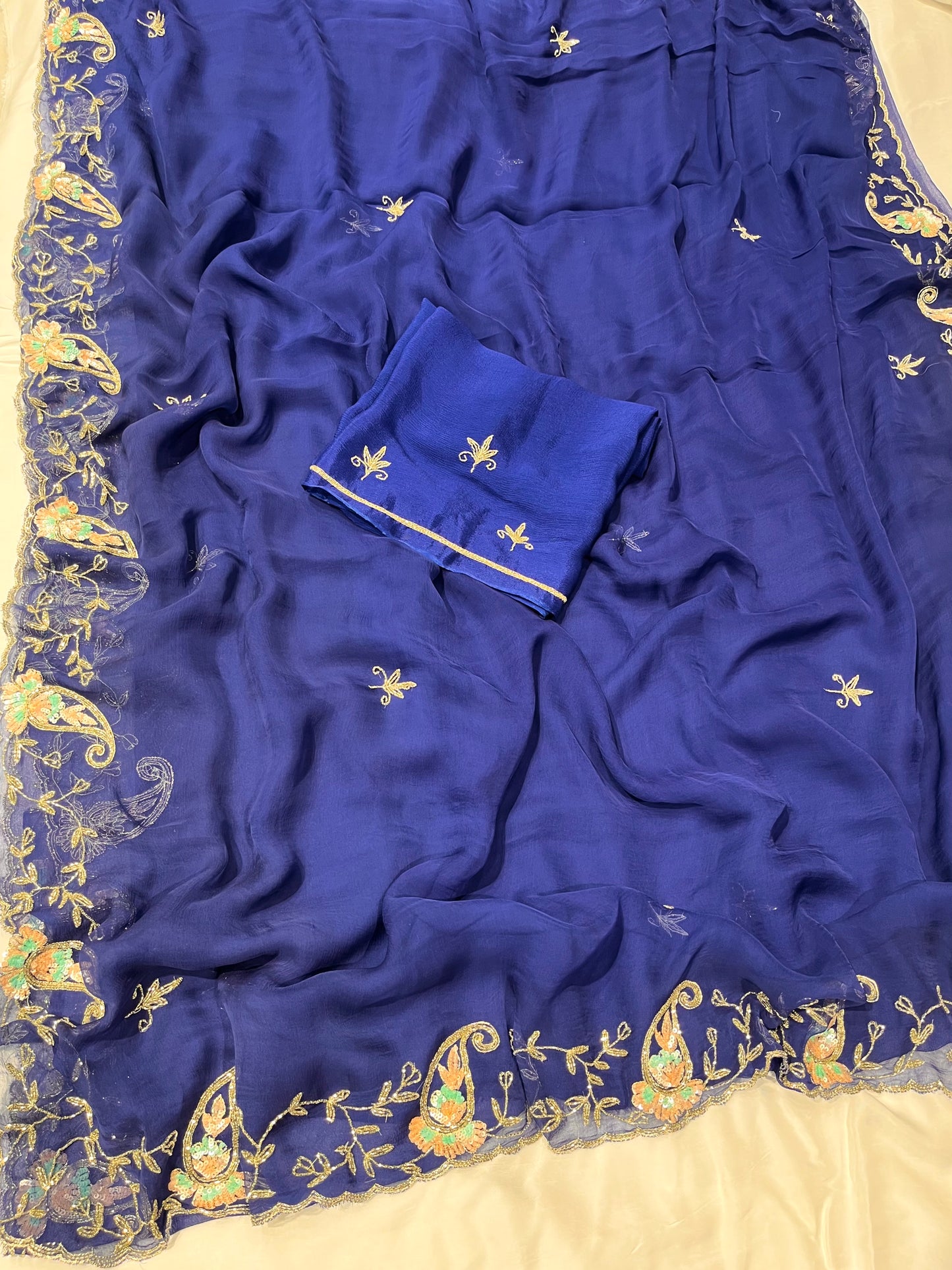 NAVY BLUE CHIFFON EMBROIDERED SAREE WITH SEQUINS, CUTDANA & AARI WORK - Kothari Sons