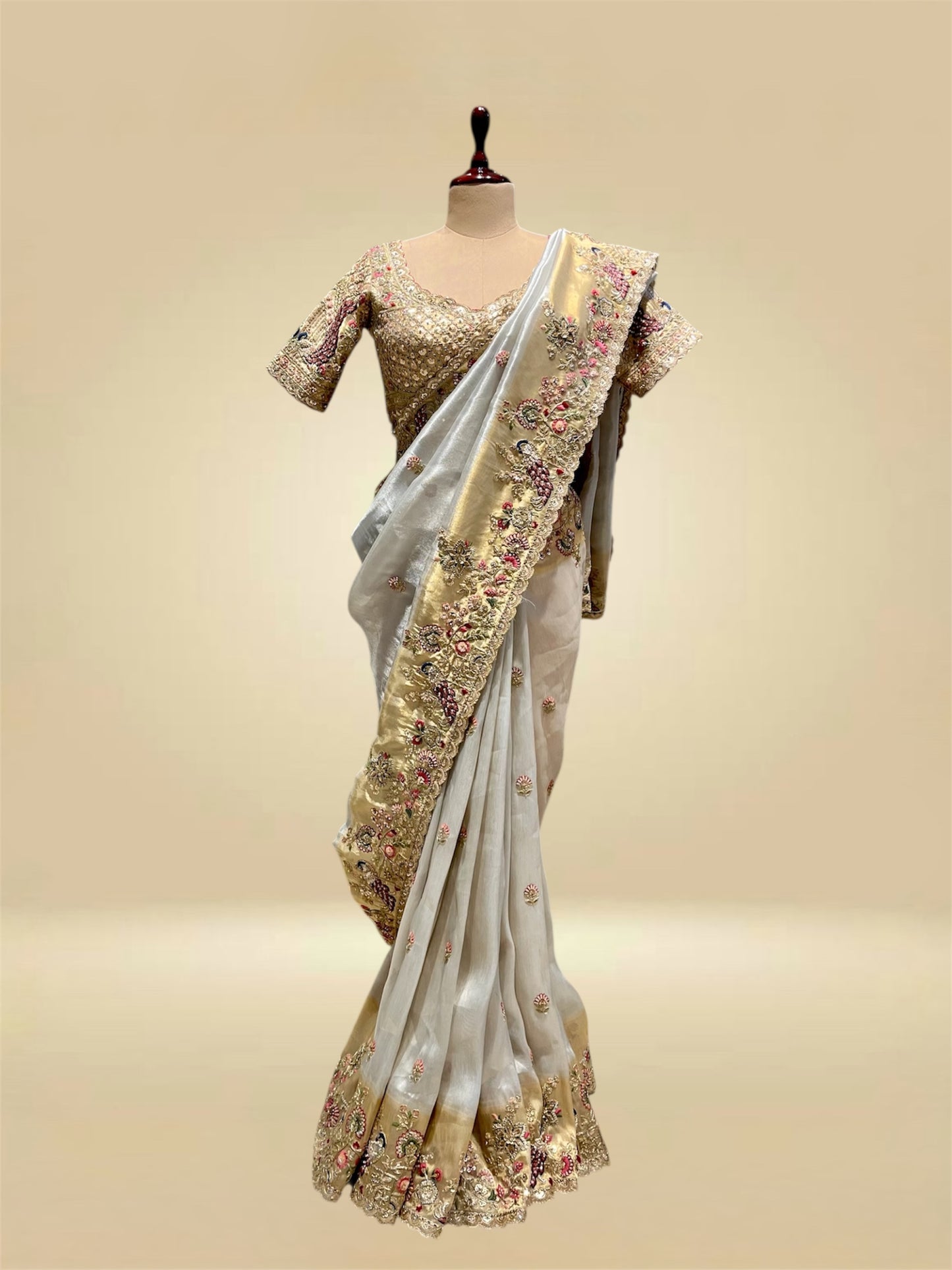 IVORY & GOLD COLOUR TISSUE SAREE WITH KASAB & RESHAM EMBROIDERY, PAIRED WITH A READYMADE BLOUSE