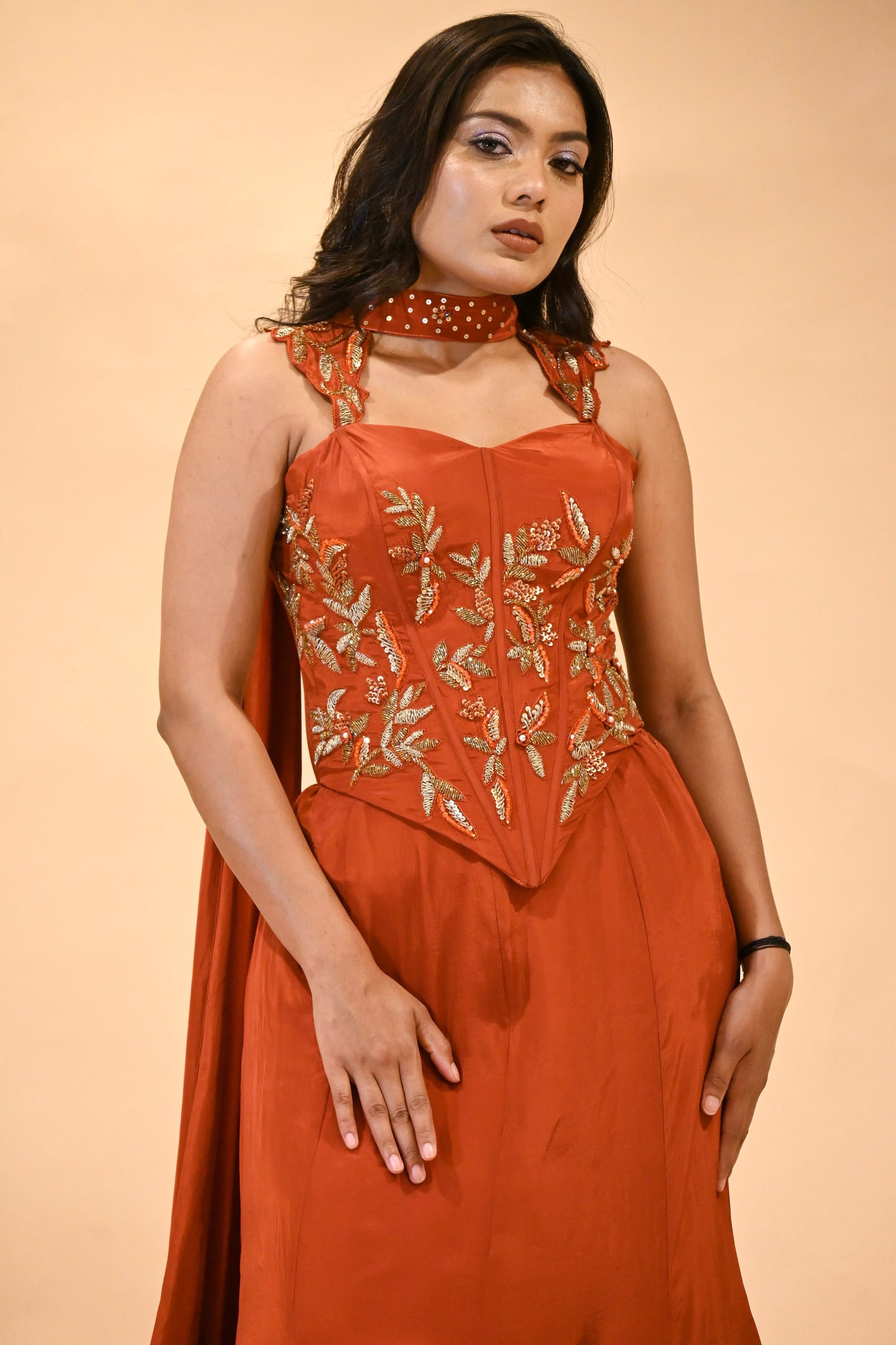RUST-ORANGE EMBROIDERED CORSET TOP & FISH-CUT RUFFLED SKIRT SET