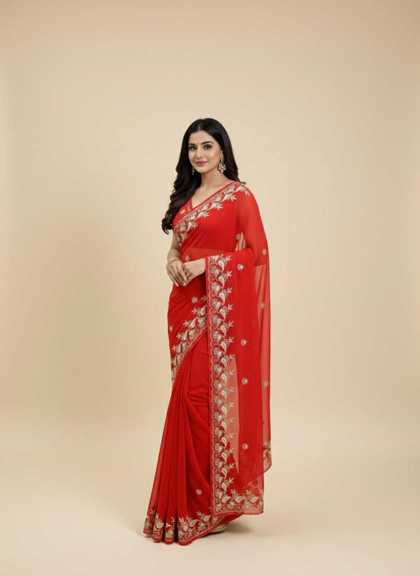 RED CHIFFON EMBROIDERED SAREE WITH SEQUINS & AARI WORK - Kothari Sons
