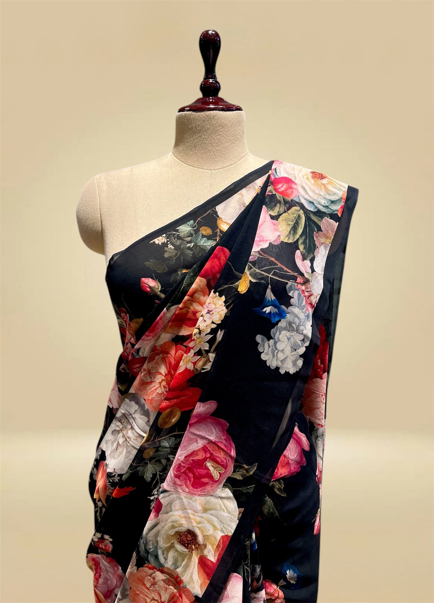 BLACK PURE GEORGETTE FLORAL PRINTED SAREE (DELIVERY IN 20 DAYS)