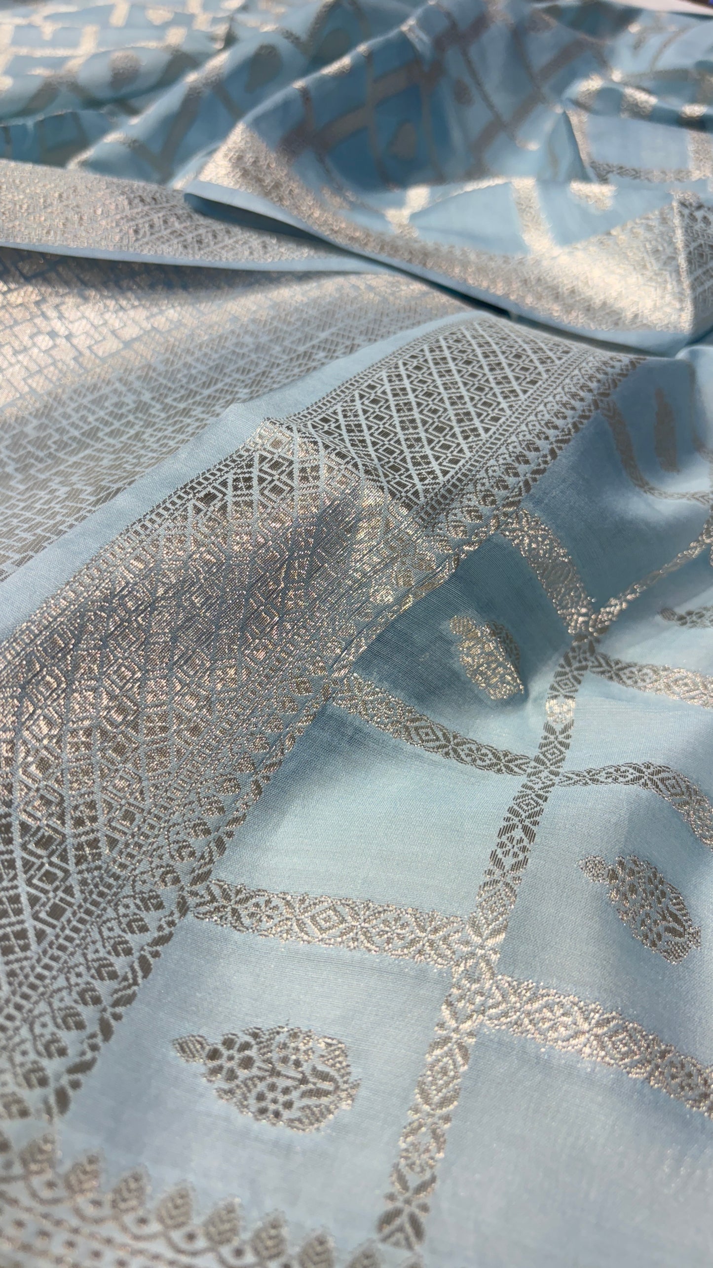 PASTEL BLUE CHANDERI UNSTITCHED SUIT SET (2 PIECE -KURTA & DUPATTA)