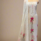 IVORY GEORGETTE SELF-RESHAM EMBROIDERED UNSTITCHED SUIT WITH PINK LOTUS PRINT