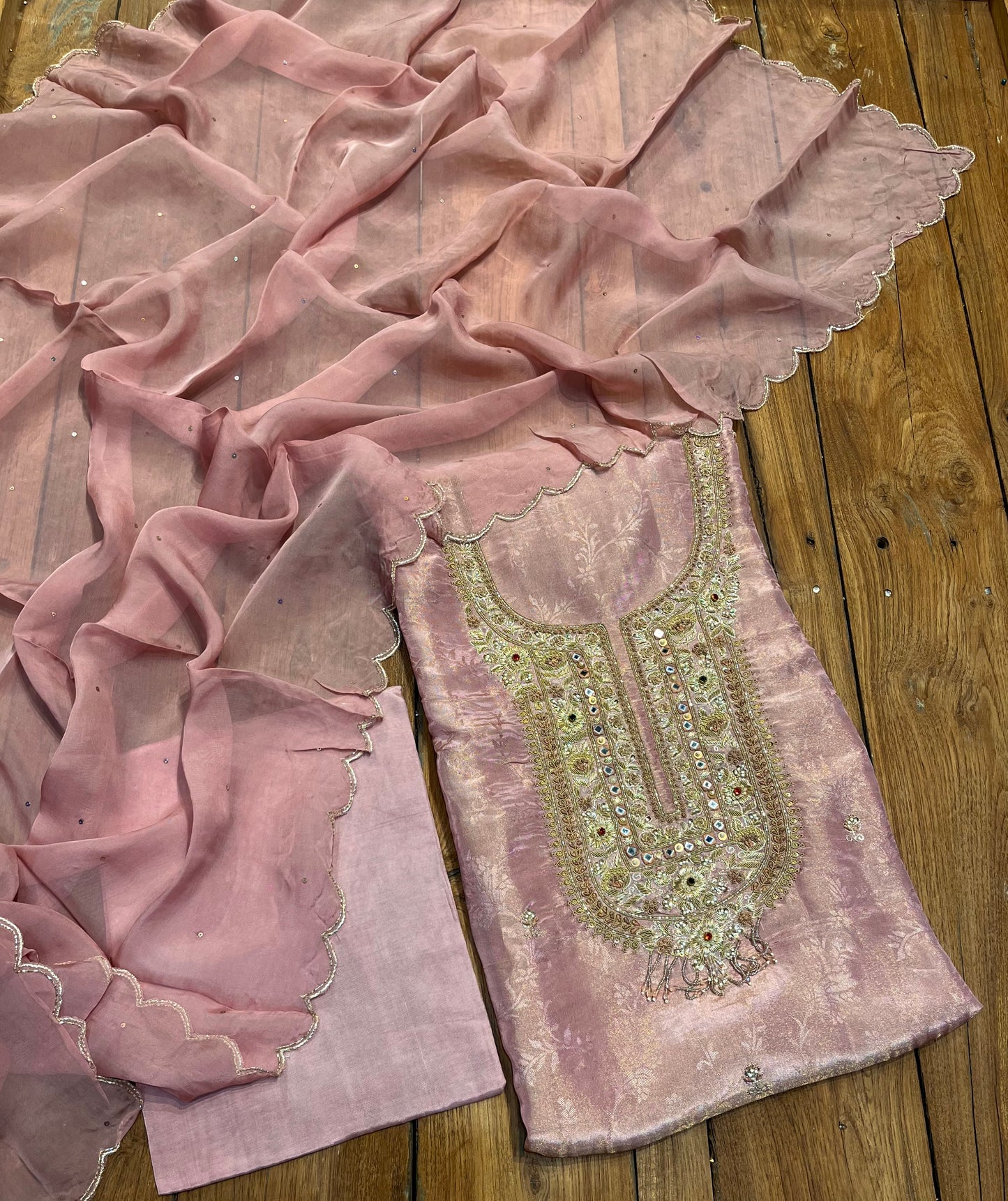 DUSTY ROSE BROCADE TISSUE ZARDOZI EMBROIDERED UNSTITCHED SUIT SET WITH ORGANZA DUPATTA (DELIVERY IN 20 DAYS)