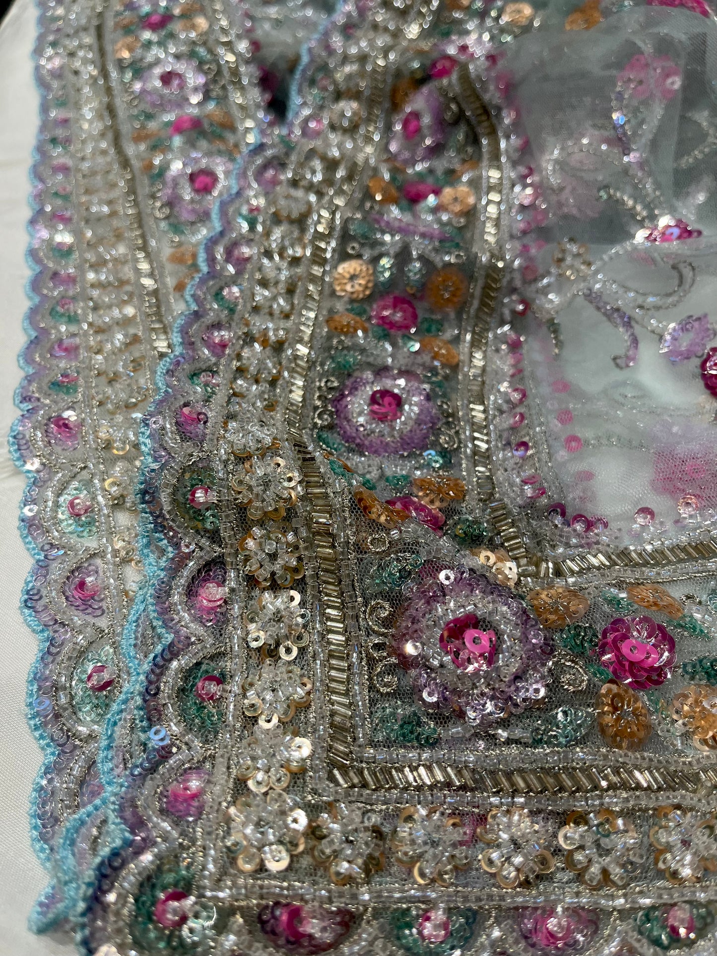 PASTEL BLUE NET SAREE  EMBELLISHED WITH SEQUINS & CUTDANA WORK PAIRED WITH A READYMADE BLOUSE