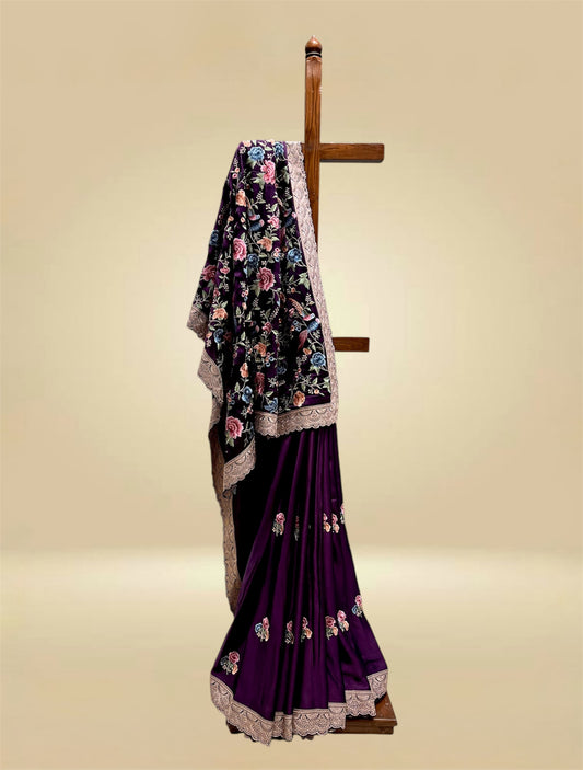 RAISIN PURPLE SATIN SILK PARSI EMBROIDERED SAREE (DELIVERY IN 20 DAYS)