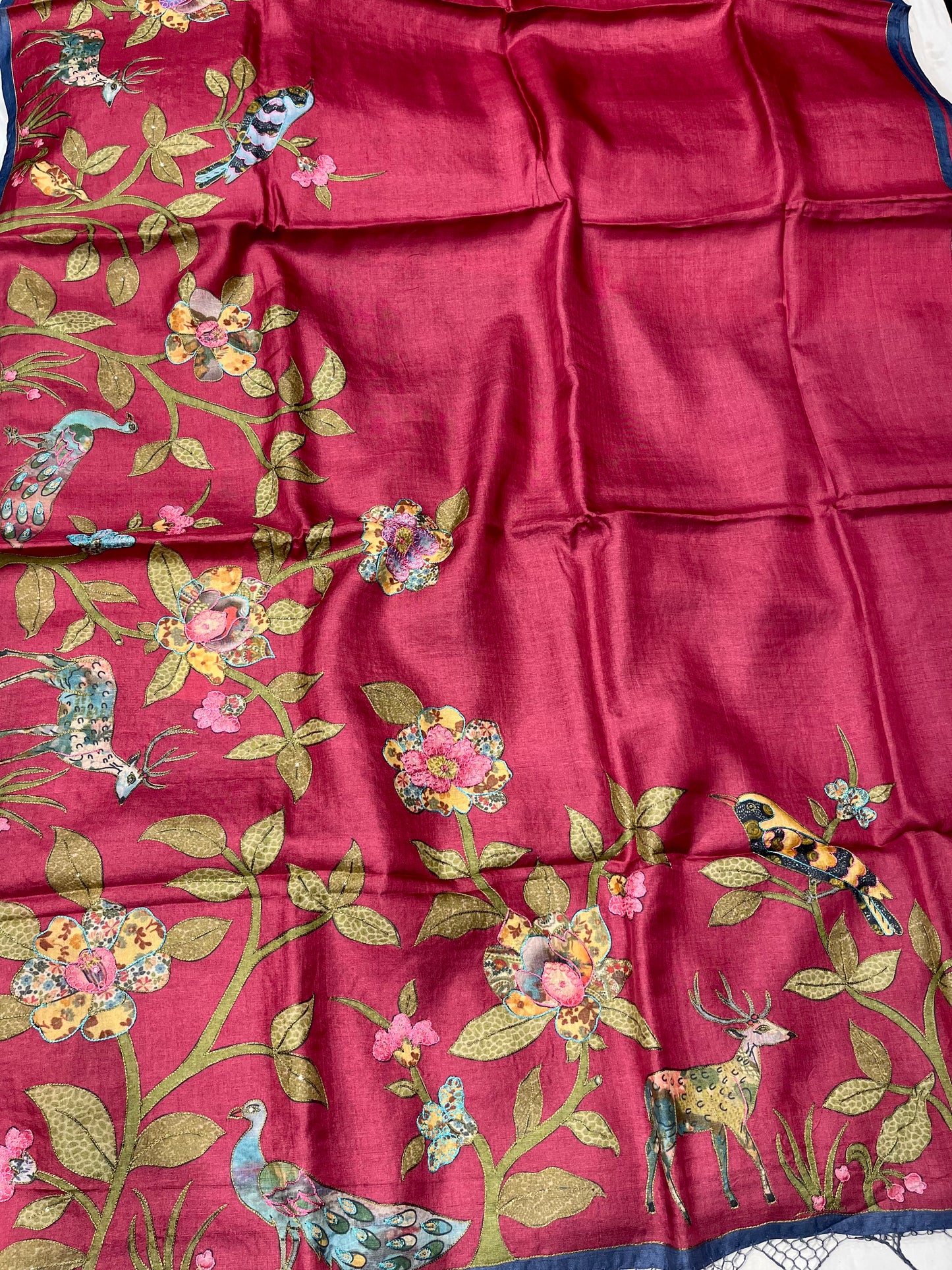 RASPBERRY WINE COLOUR PURE TUSSAR SILK EMBROIDERED SAREE