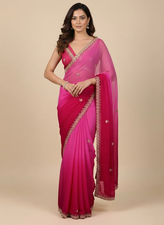 PINK SHADED CHIFFON SAREE EMBELLISHED WITH GOTA PATTI & MIRROR FOIL WORK - Kothari Sons