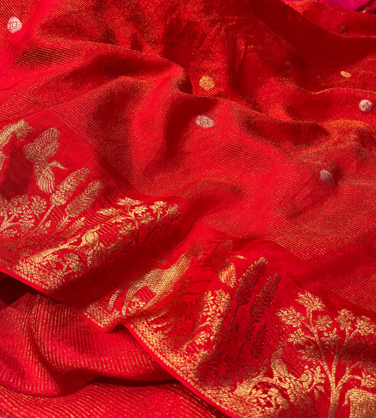 BRIGHT RED DOLA SILK ZARI STRIPE SAREE