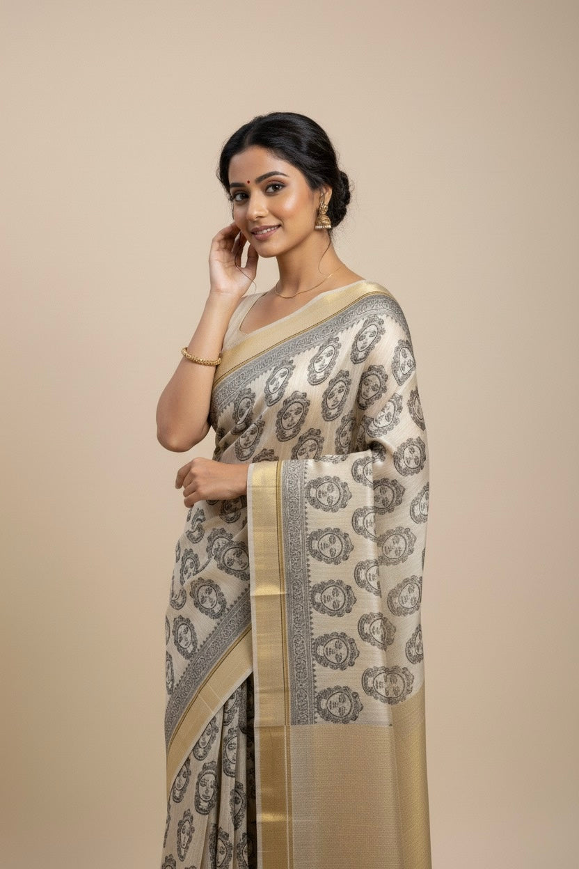 BEIGE PURE MUNGA SILK PRINTED SAREE WITH ZARI BORDER