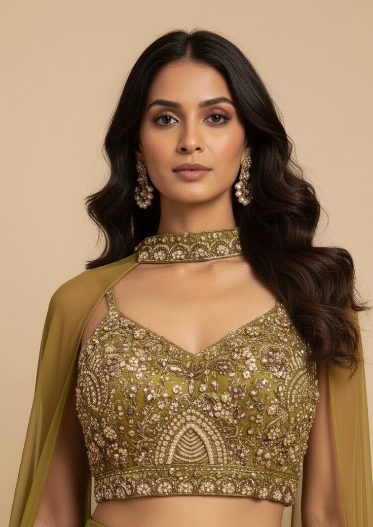 MEHENDI GREEN BROCADE TISSUE PALAZZO PANT WITH BEADS & SEQUINS EMBELLISHED CROP TOP AND DUPATTA