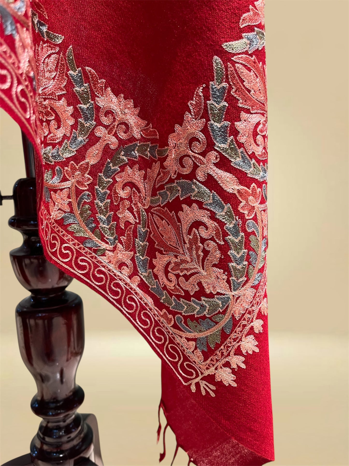 RED WOOLLEN SHAWL WITH KASHMIRI RESHAM EMBROIDERED BORDER