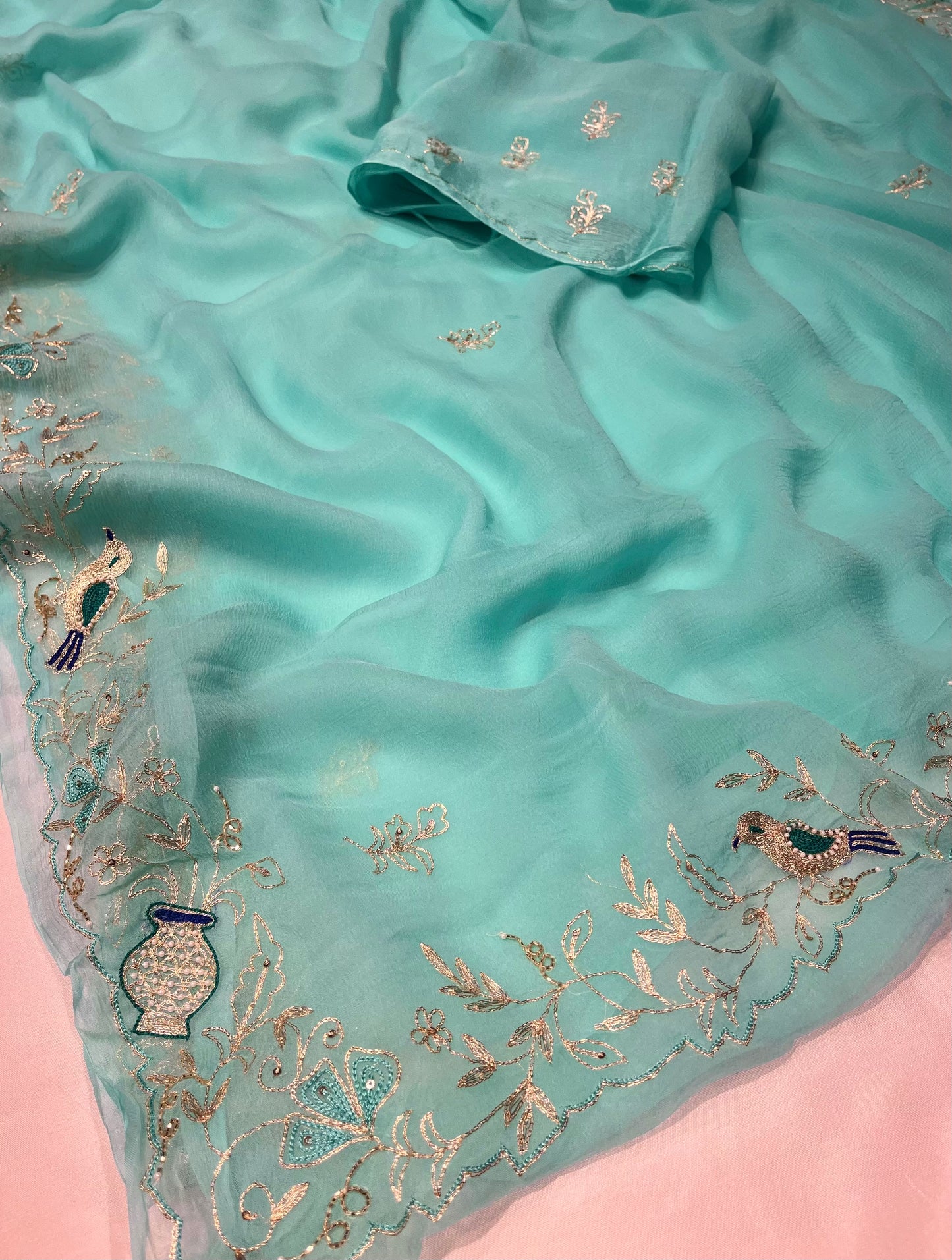LIGHT BLUE CHIFFON SAREE EMBROIDERED WITH AARI WORK - Kothari Sons