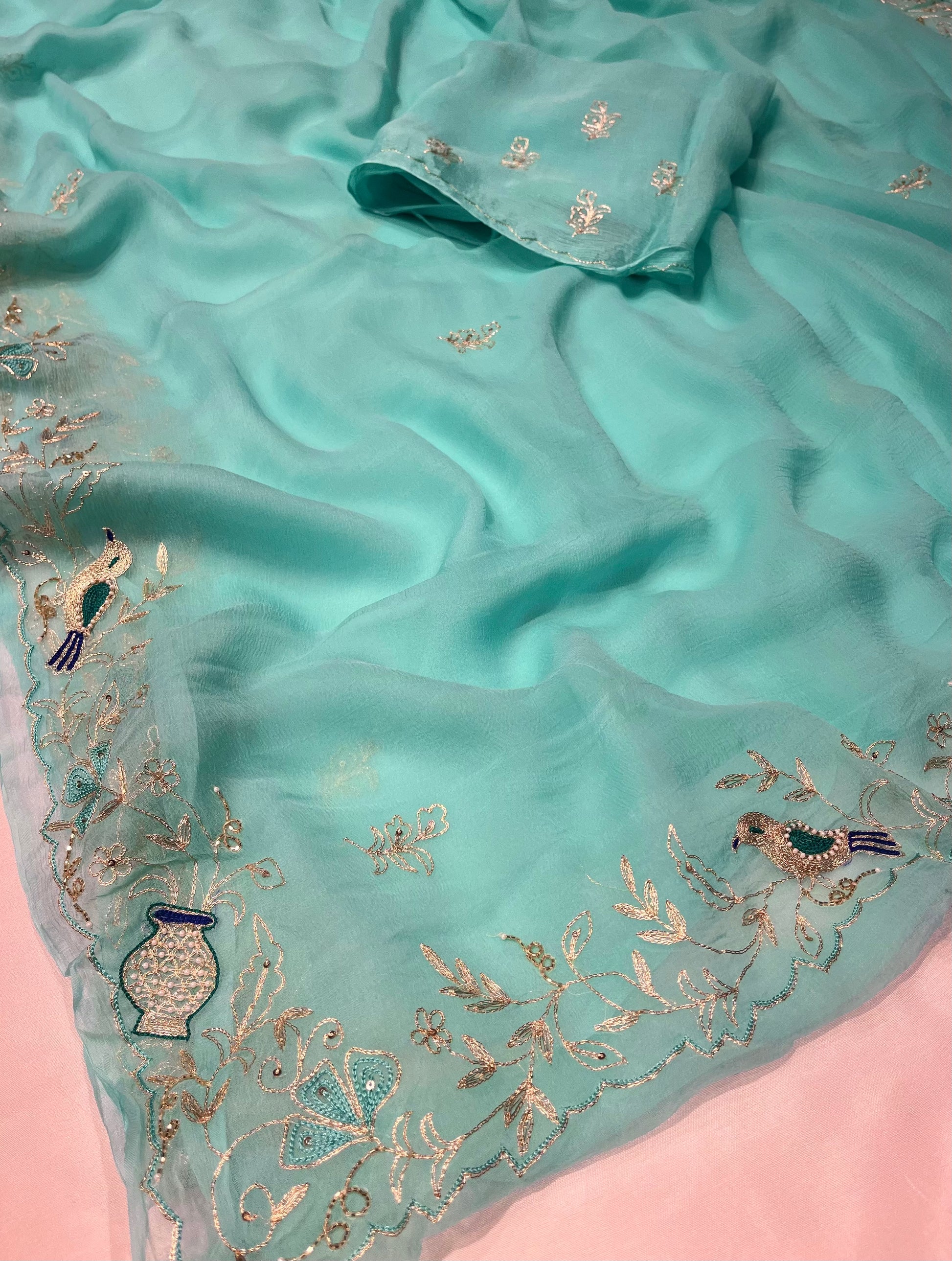 LIGHT BLUE CHIFFON SAREE EMBROIDERED WITH AARI WORK - Kothari Sons