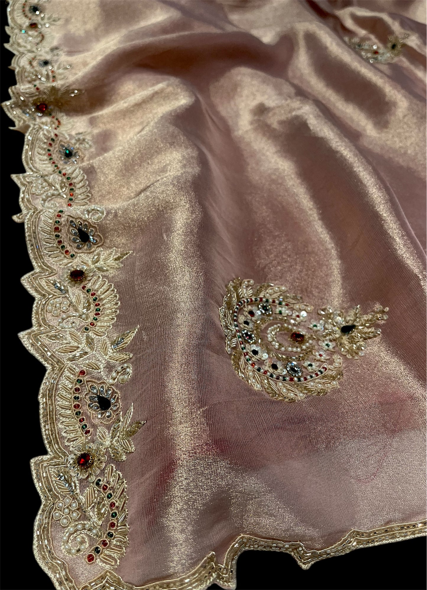 ROSE GOLD COLOR TISSUE SAREE EMBELLISHED WITH CUTDANA, SEQUINS & PEARLS WORK PAIRED WITH CONTRAST BLOUSE