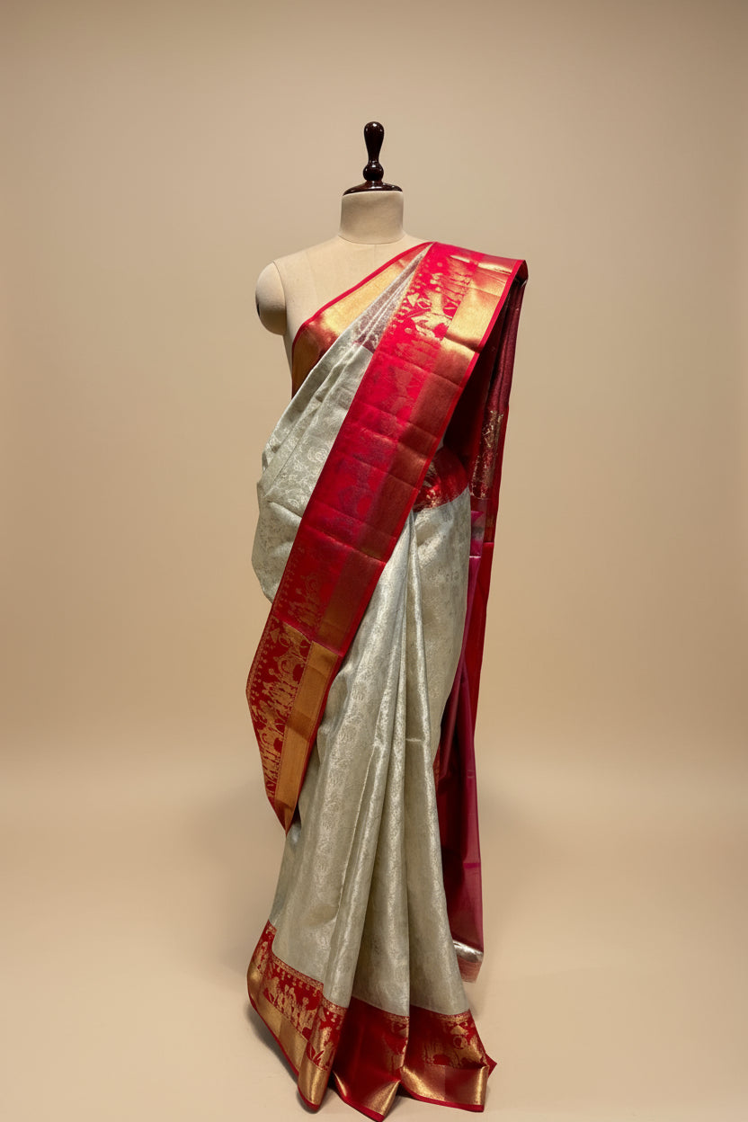 IVORY AND CRIMSON RED PURE KANJIVARAM SILK SAREE