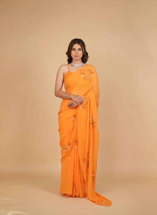 ORANGE PURE PLATINUM CHIFFON SAREE EMBELLISHED WITH BEADS AND SEQUINS MOTIFS