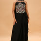 BLACK FLORAL EMBROIDERED BLOUSE & DRAPED SKIRT SET