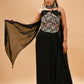 BLACK FLORAL EMBROIDERED BLOUSE & DRAPED SKIRT SET