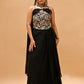 BLACK FLORAL EMBROIDERED BLOUSE & DRAPED SKIRT SET