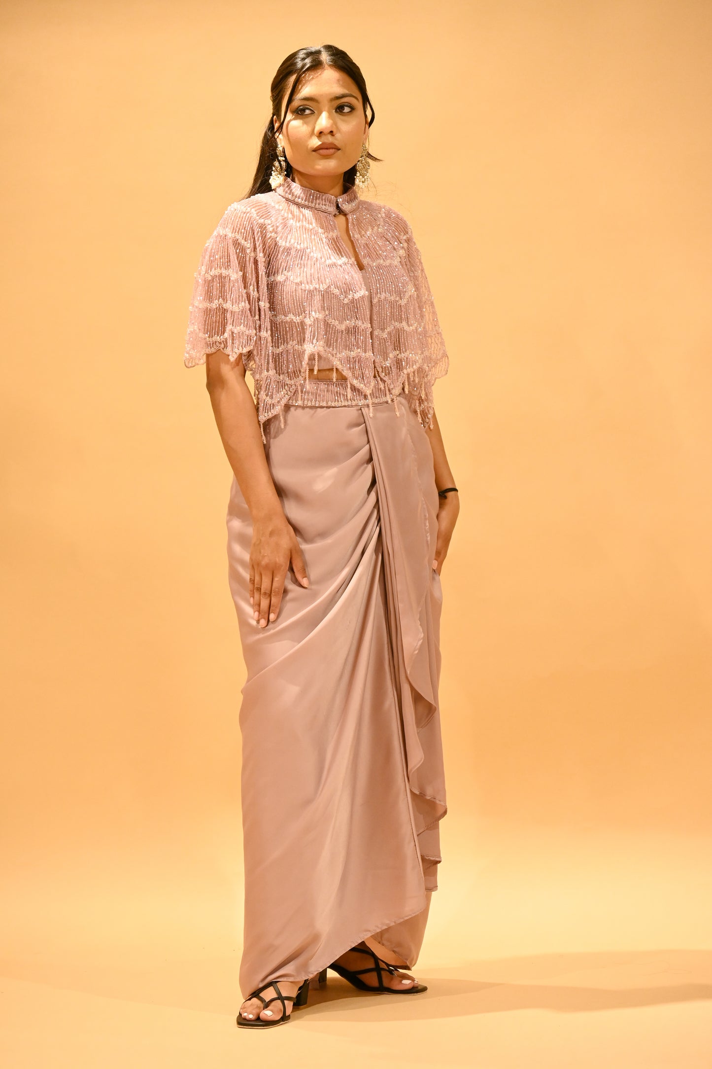 MAUVE CAPE BLOUSE & DRAPED SATIN SKIRT SET WITH PIPE BEAD EMBELLISHMENTS