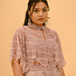 MAUVE CAPE BLOUSE & DRAPED SATIN SKIRT SET WITH PIPE BEAD EMBELLISHMENTS