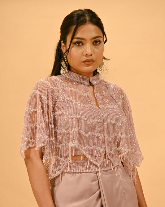 MAUVE CAPE BLOUSE & DRAPED SATIN SKIRT SET WITH PIPE BEAD EMBELLISHMENTS