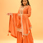 ORANGE EMBROIDERED STRAIGHT KURTA SHARARA SET WITH TASSELED DUPATTA