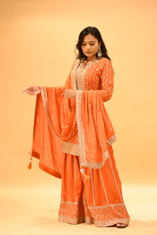 ORANGE EMBROIDERED STRAIGHT KURTA SHARARA SET WITH TASSELED DUPATTA