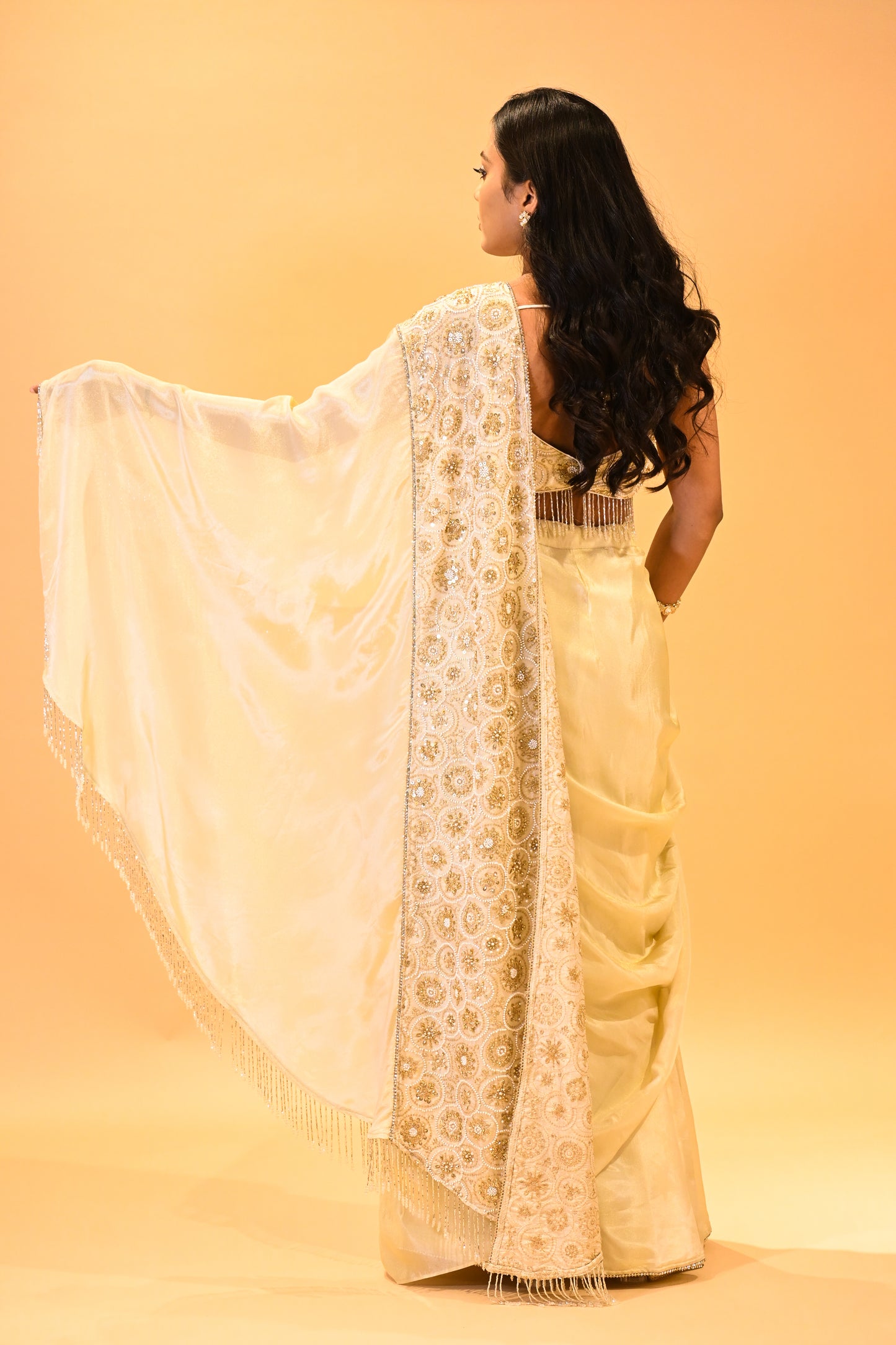CHAMPAGNE GOLD CONTEMPORARY SAREE FEATURING EMBROIDERED BLOUSE, PALLA & FRINGE HIGHLIGHTS