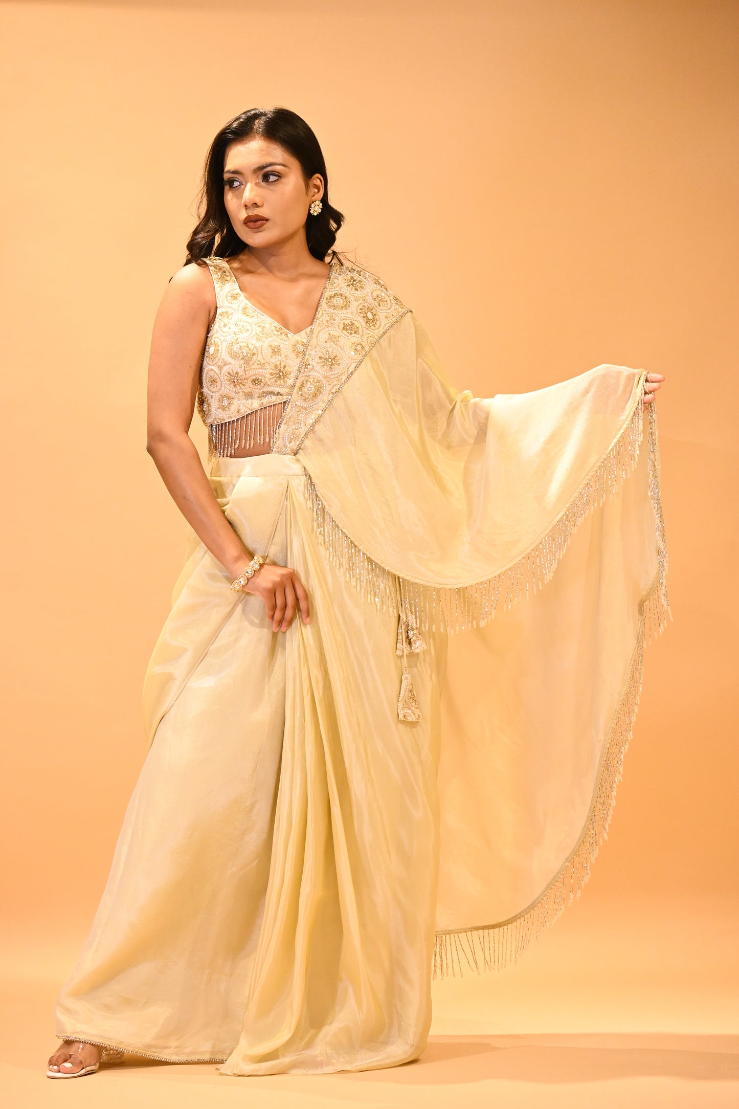 CHAMPAGNE GOLD CONTEMPORARY SAREE FEATURING EMBROIDERED BLOUSE, PALLA & FRINGE HIGHLIGHTS