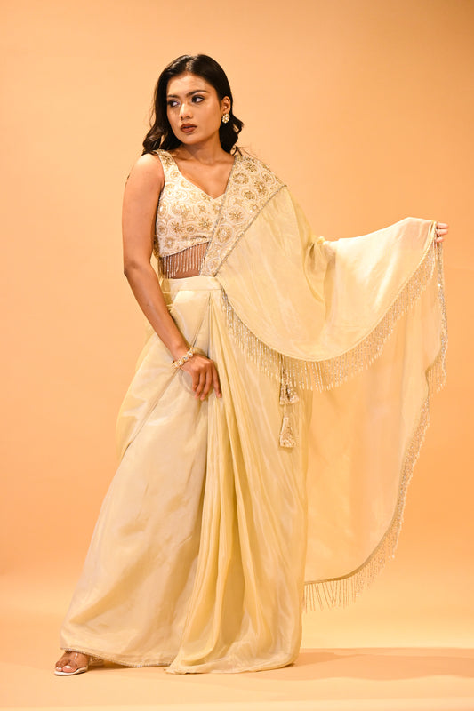CHAMPAGNE GOLD CONTEMPORARY SAREE FEATURING EMBROIDERED BLOUSE, PALLA & FRINGE HIGHLIGHTS
