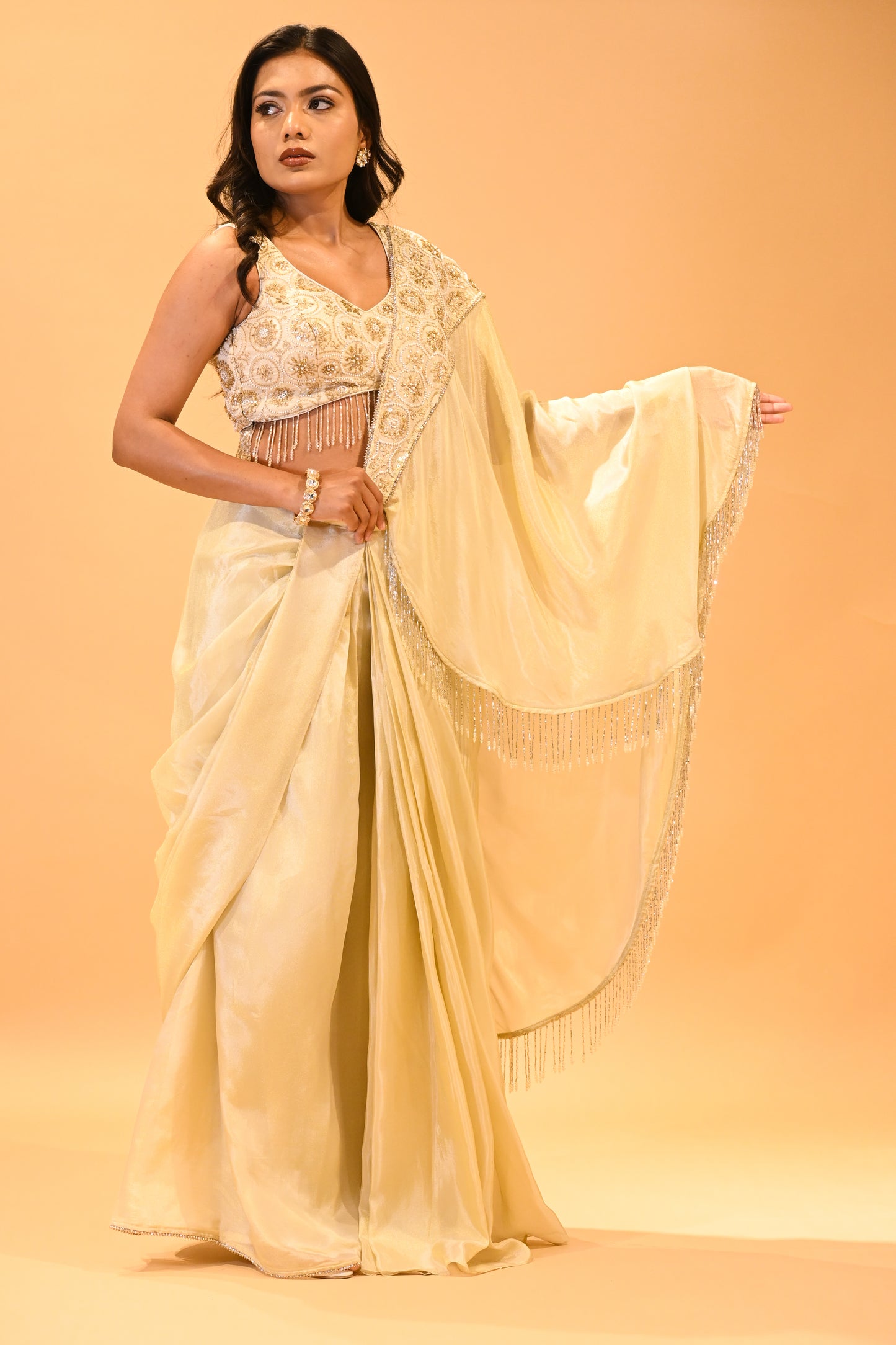 CHAMPAGNE GOLD CONTEMPORARY SAREE FEATURING EMBROIDERED BLOUSE, PALLA & FRINGE HIGHLIGHTS