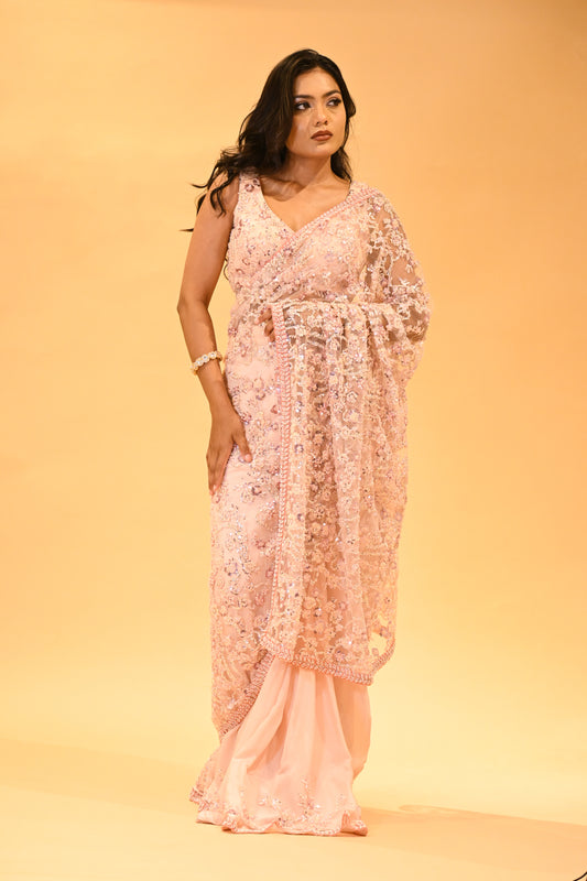 BLUSH PINK FLORAL EMBROIDERED NET SAREE