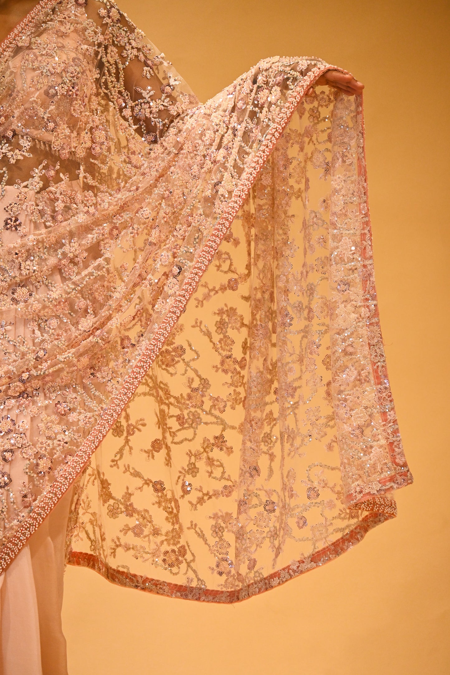BLUSH PINK FLORAL EMBROIDERED NET SAREE